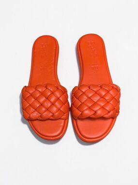 🌻 NEW Seychelles Bellissima Slides Deep Orange Leather Puffy Woven Flat Size 8
